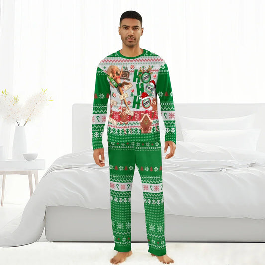 Man wearing green Heineken themed Christmas pajamas with festive holiday patterns in a white bedroom