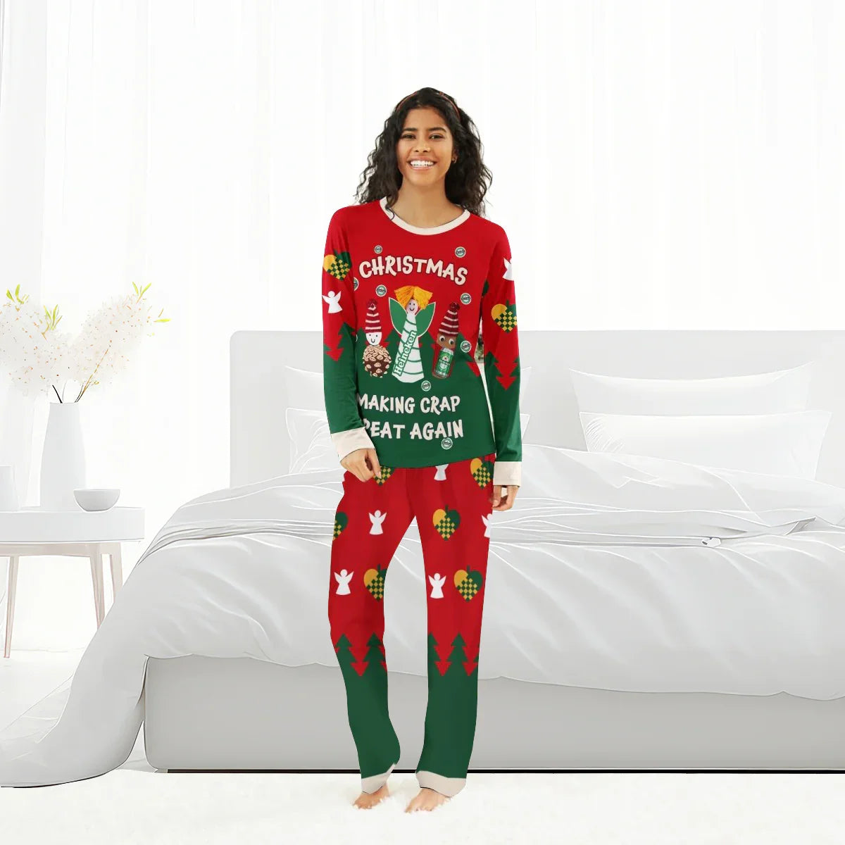 Smiling woman wearing red and green Christmas pajamas with Heineken bottle and holiday designs in bright bedroom