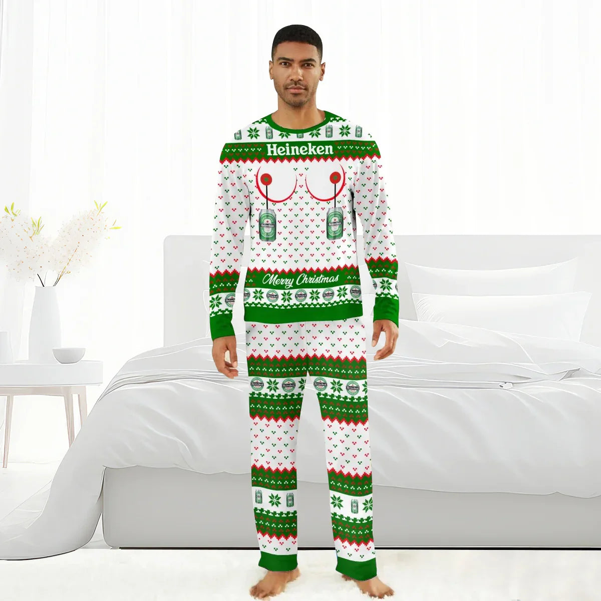 Man wearing Heineken Merry Christmas themed pajamas with beer bottle and festive patterns in a bright bedroom
