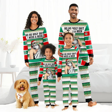 Family wearing matching Christmas pajamas with green, red patterns and humorous Santa beer design, with dog in holiday bandana