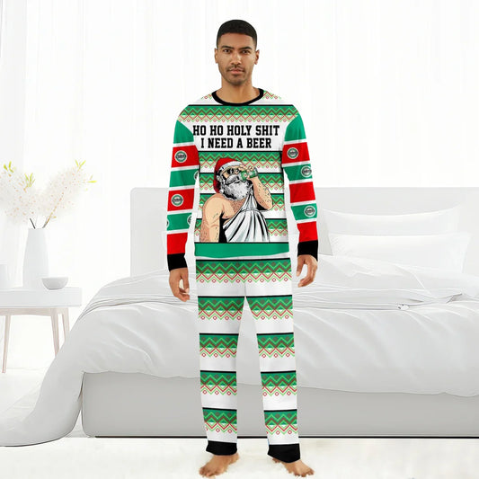 Man wearing green and red Christmas pajamas with Santa drinking beer and text I need a beer