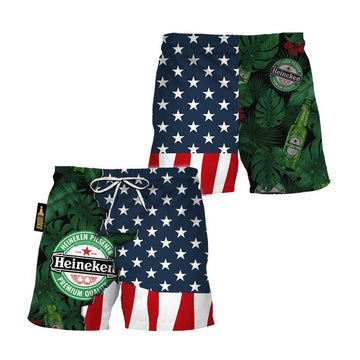 Heineken Tropical Beside Amerian Flag Swim Trunks - VinoVogue.com