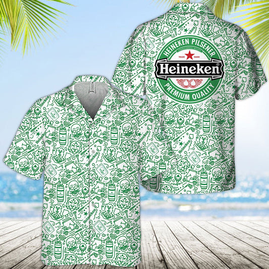 Heineken Summer Doodle Art Hawaiian Shirt - VinoVogue.com