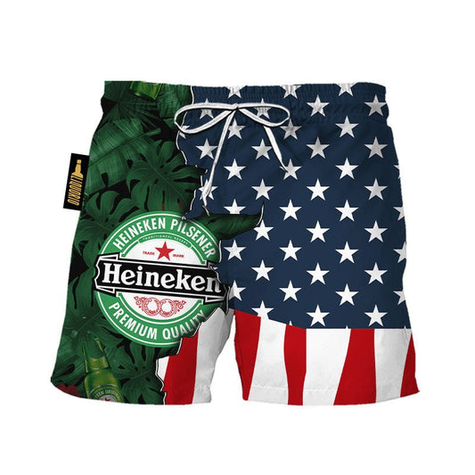 Heineken Tropical Beside Amerian Flag Swim Trunks - VinoVogue.com