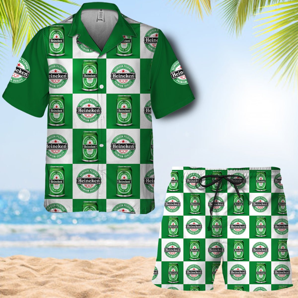 Heineken Gingham Hawaiian Shirt And Shorts Set - VinoVogue.com