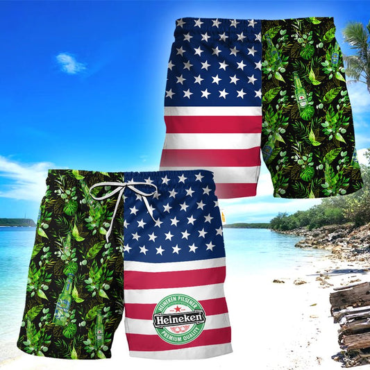 Heineken USA Flag With Palm Leaves Swim Trunks - VinoVogue.com