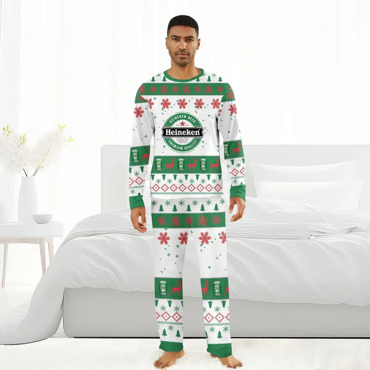 Man wearing Heineken Christmas holiday pajamas with festive snowflakes, reindeer, and beer can patterns
