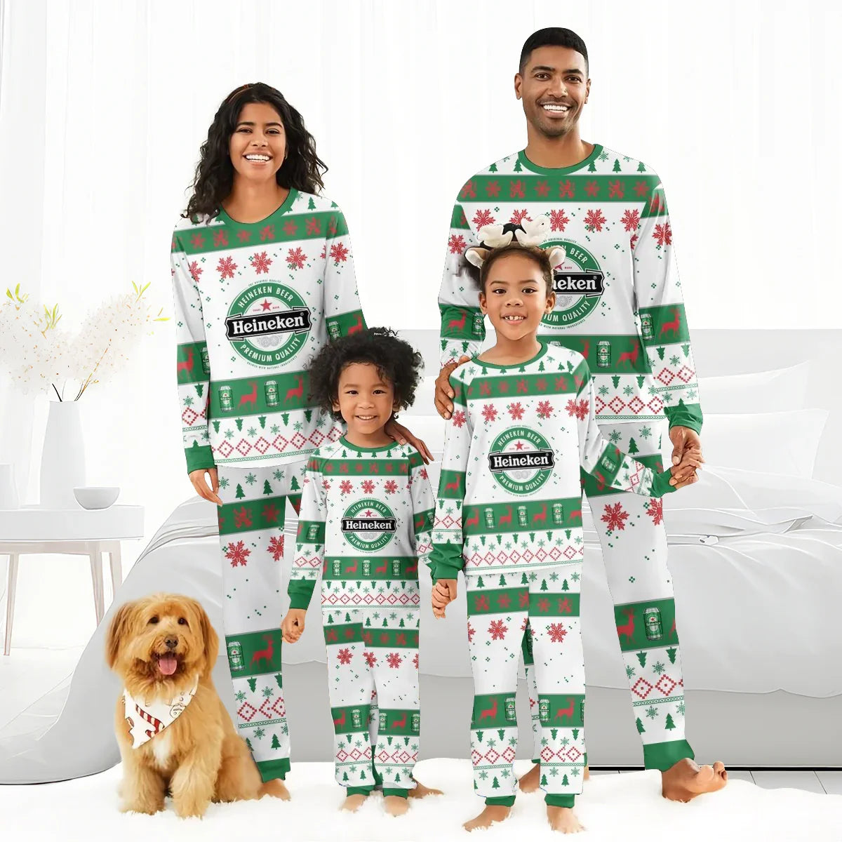 Smiling family in matching Heineken holiday pajamas with red and green Christmas patterns and dog wearing festive bandana
