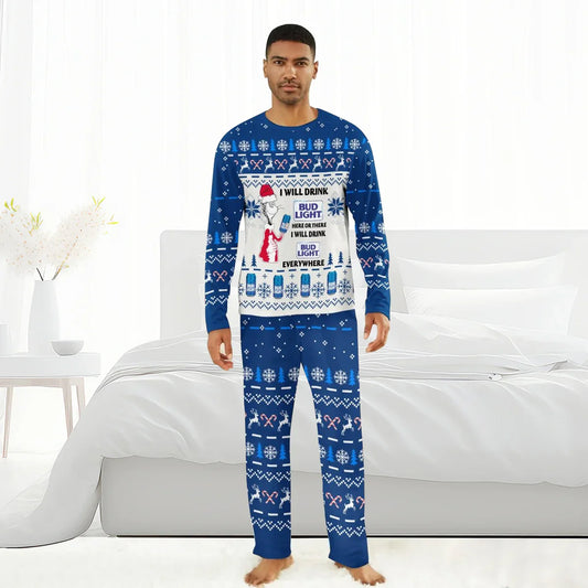 Man wearing blue Christmas pajama set with Bud Light and holiday-themed prints in white bedroom