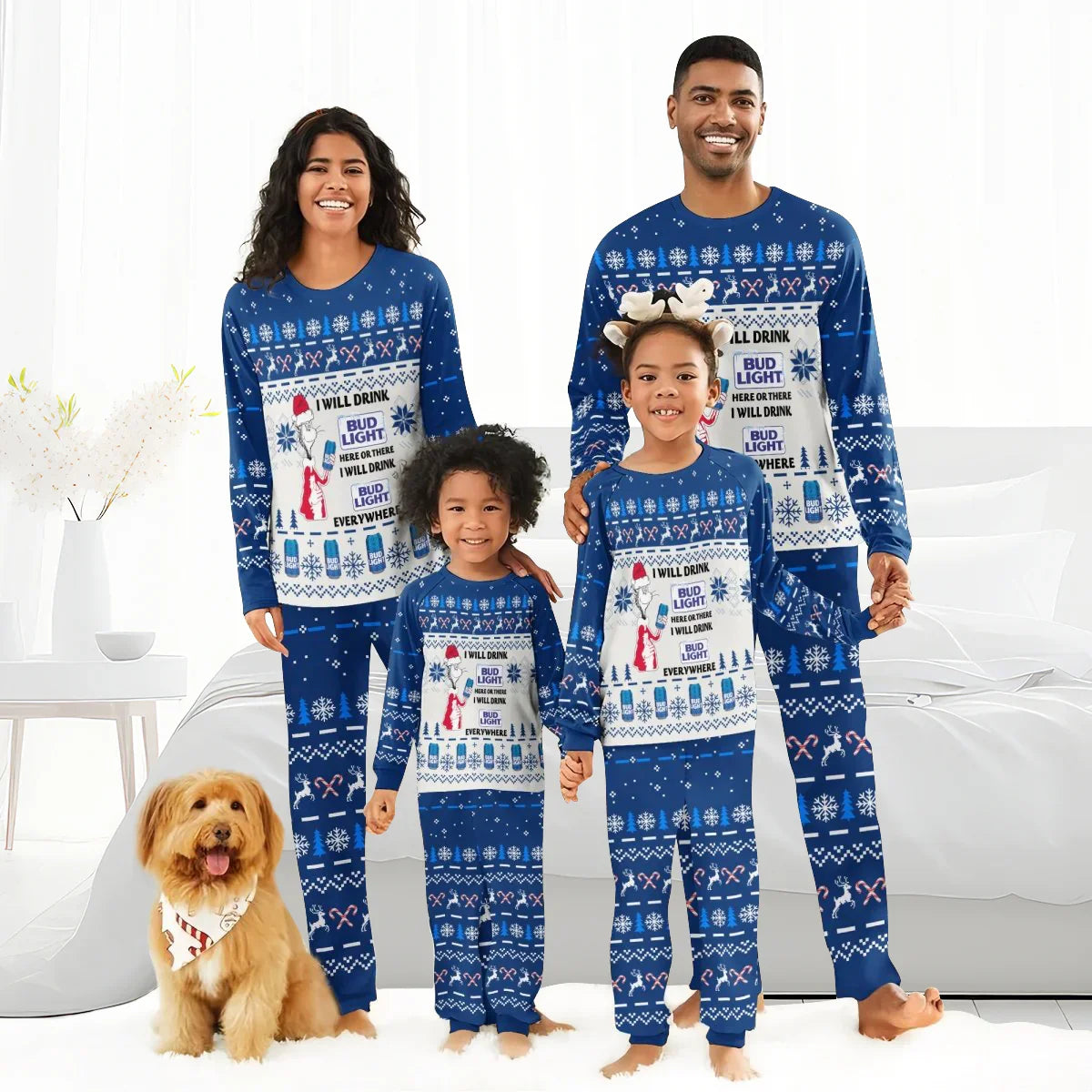 Family of four wearing matching blue Bud Light Christmas pajamas with snowflakes and candy cane patterns, beside a dog