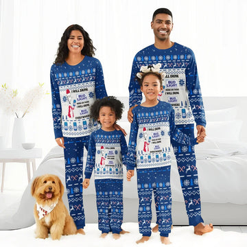 Family of four wearing matching blue Bud Light Christmas pajamas with snowflakes and candy cane patterns, beside a dog