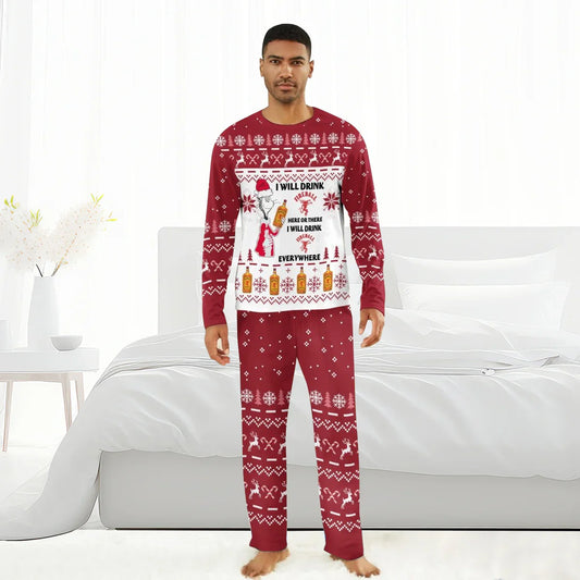 Man wearing red and white Christmas pajamas with Fireball whiskey bottles and holiday patterns in a bright bedroom