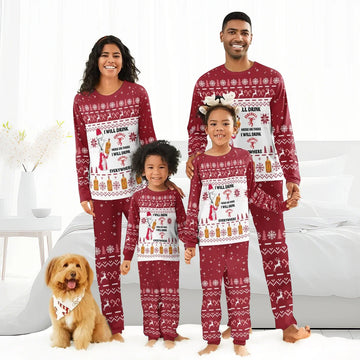 Smiling family in matching red Christmas Fireball-themed pajamas with snowflakes and reindeer, posing in bedroom