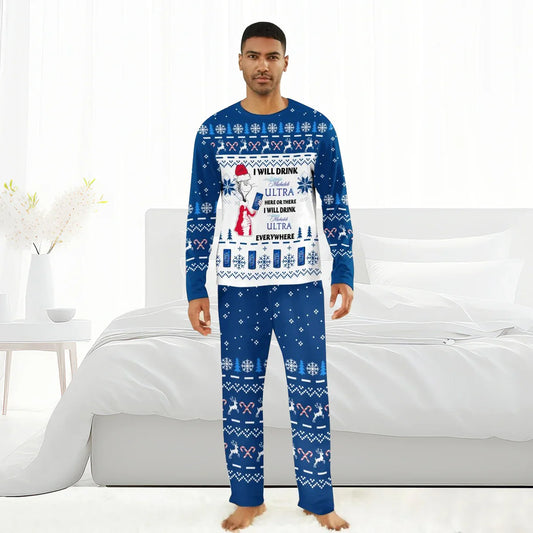 Man wearing blue Christmas family pajamas with Michelob ULTRA beer theme and holiday patterns in a bedroom