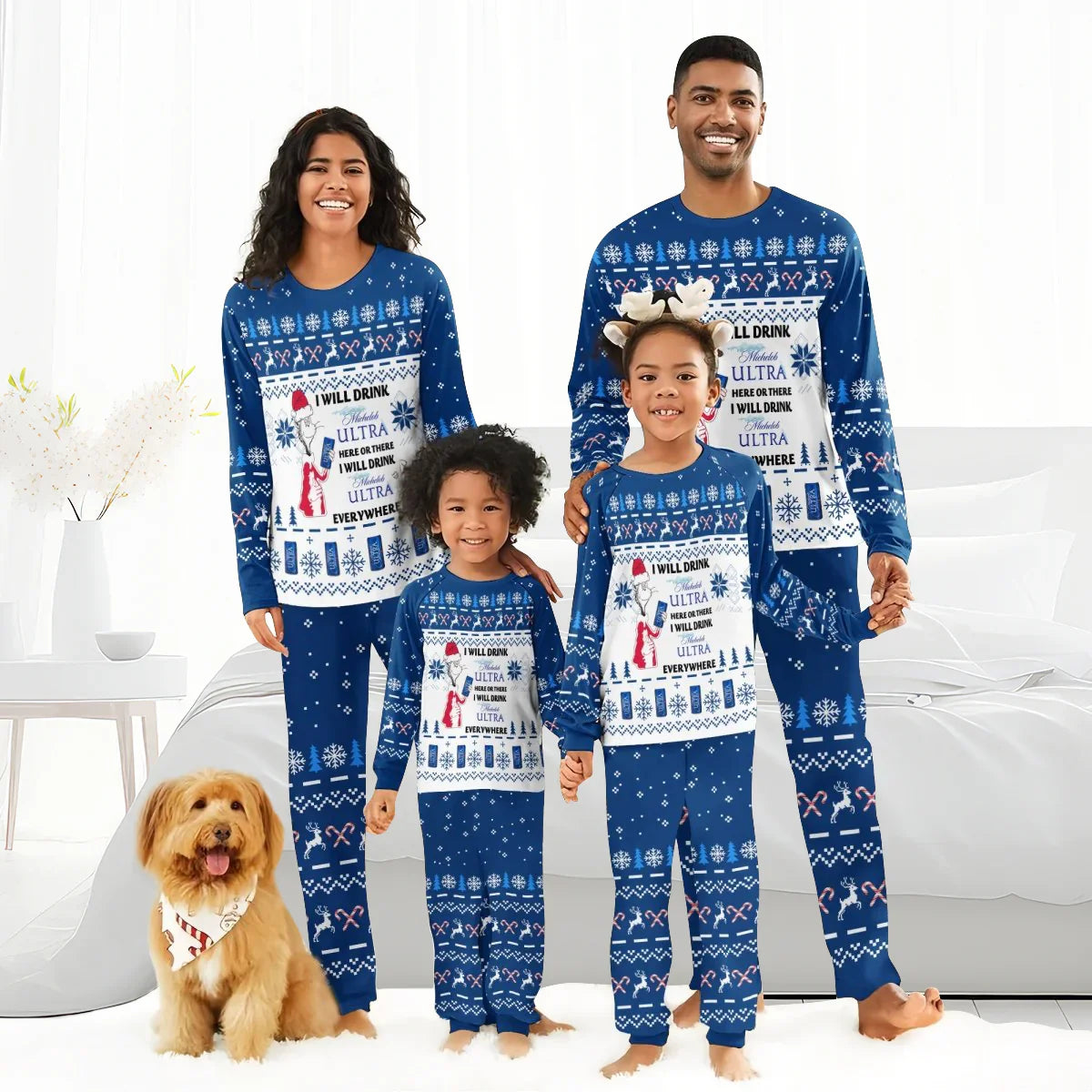 Family in matching blue Michelob Ultra Christmas pajamas with holiday patterns and dog in festive bandana
