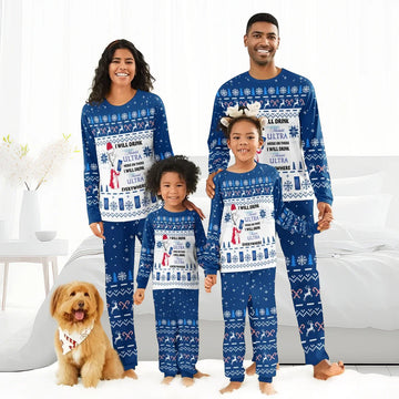 Family in matching blue Michelob Ultra Christmas pajamas with holiday patterns and dog in festive bandana