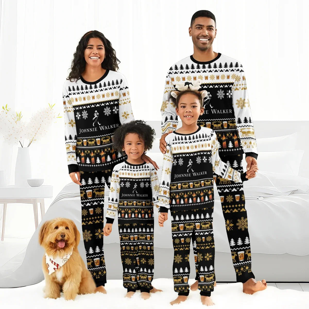 Smiling family in matching black and white Johnnie Walker Christmas pajamas with holiday patterns and a dog