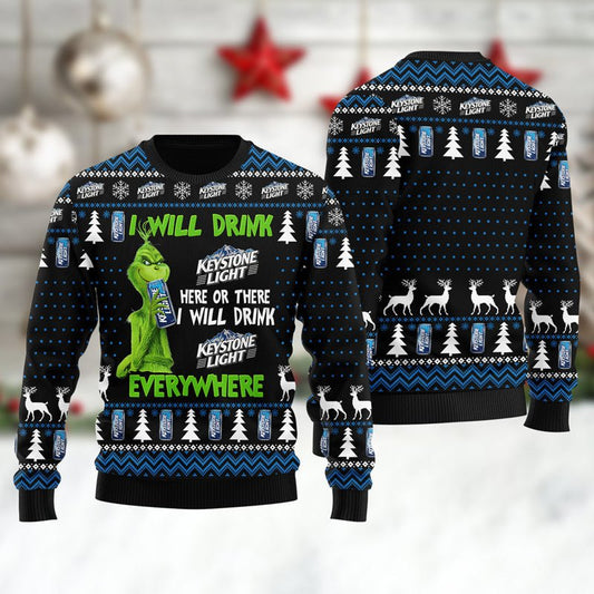 Keystone Light Grinch Will Drink Everywhere Ugly Sweater - VinoVogue.com