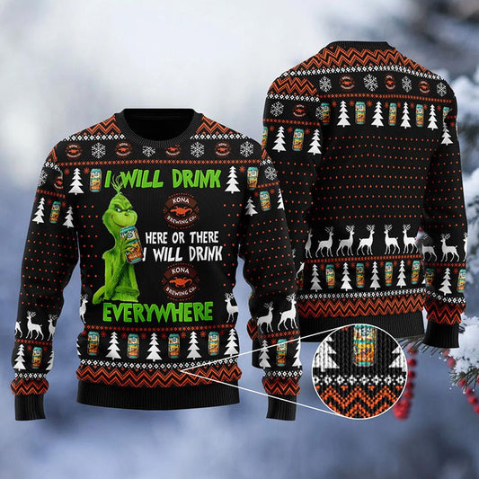 Kona Brewing Grinch Will Drink Everywhere Ugly Sweater - VinoVogue.com