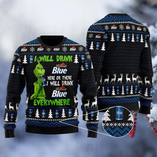 Labatt Blue Grinch Will Drink Everywhere Ugly Sweater - VinoVogue.com