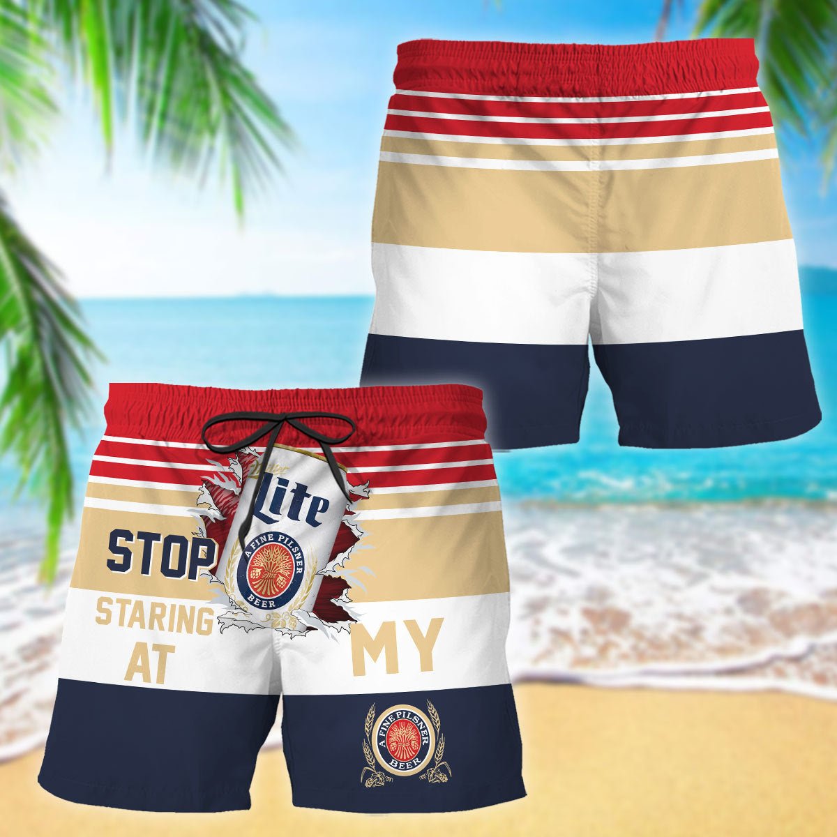 Miller Lite Stop Staring At Horizontal Striped Swim Trunks - VinoVogue.com