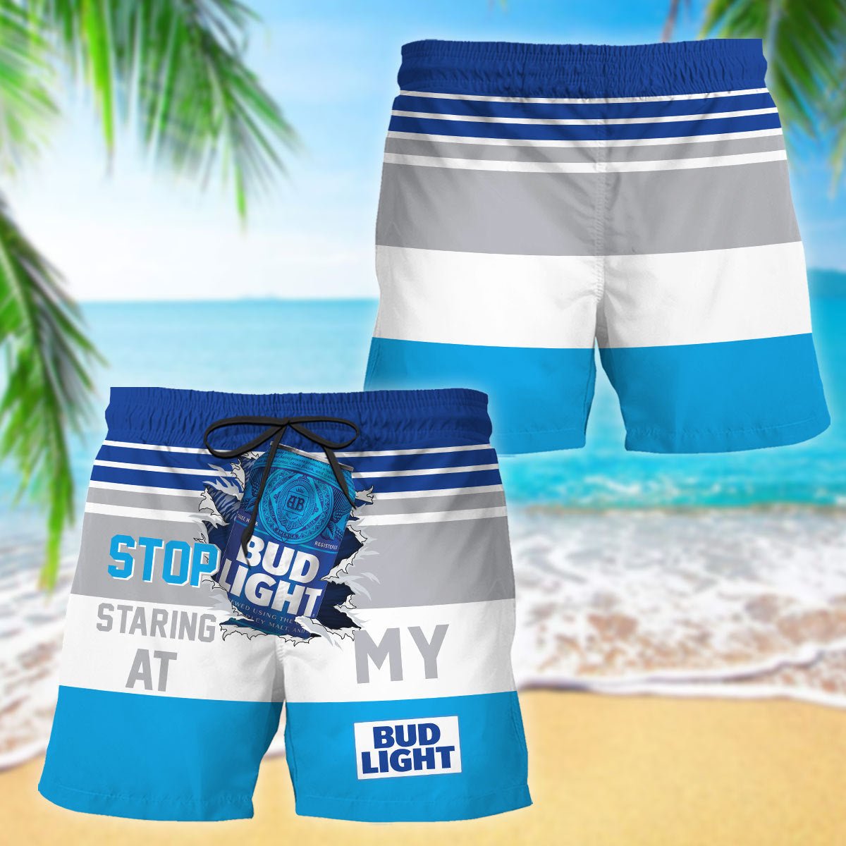 Bud Light Stop Staring At Horizontal Striped Swim Trunks - VinoVogue.com