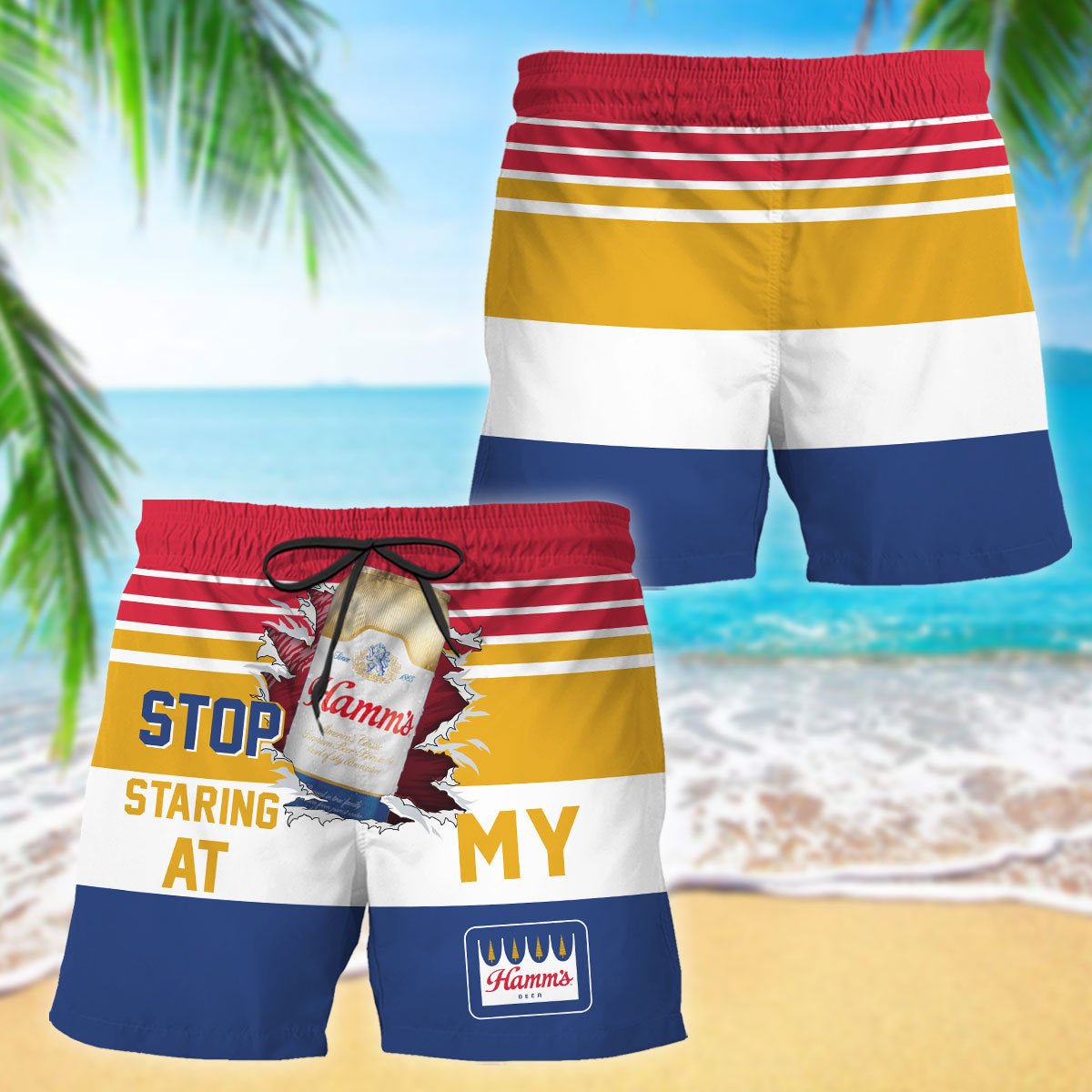 Hamm's Stop Staring At Horizontal Striped Swim Trunks - VinoVogue.com