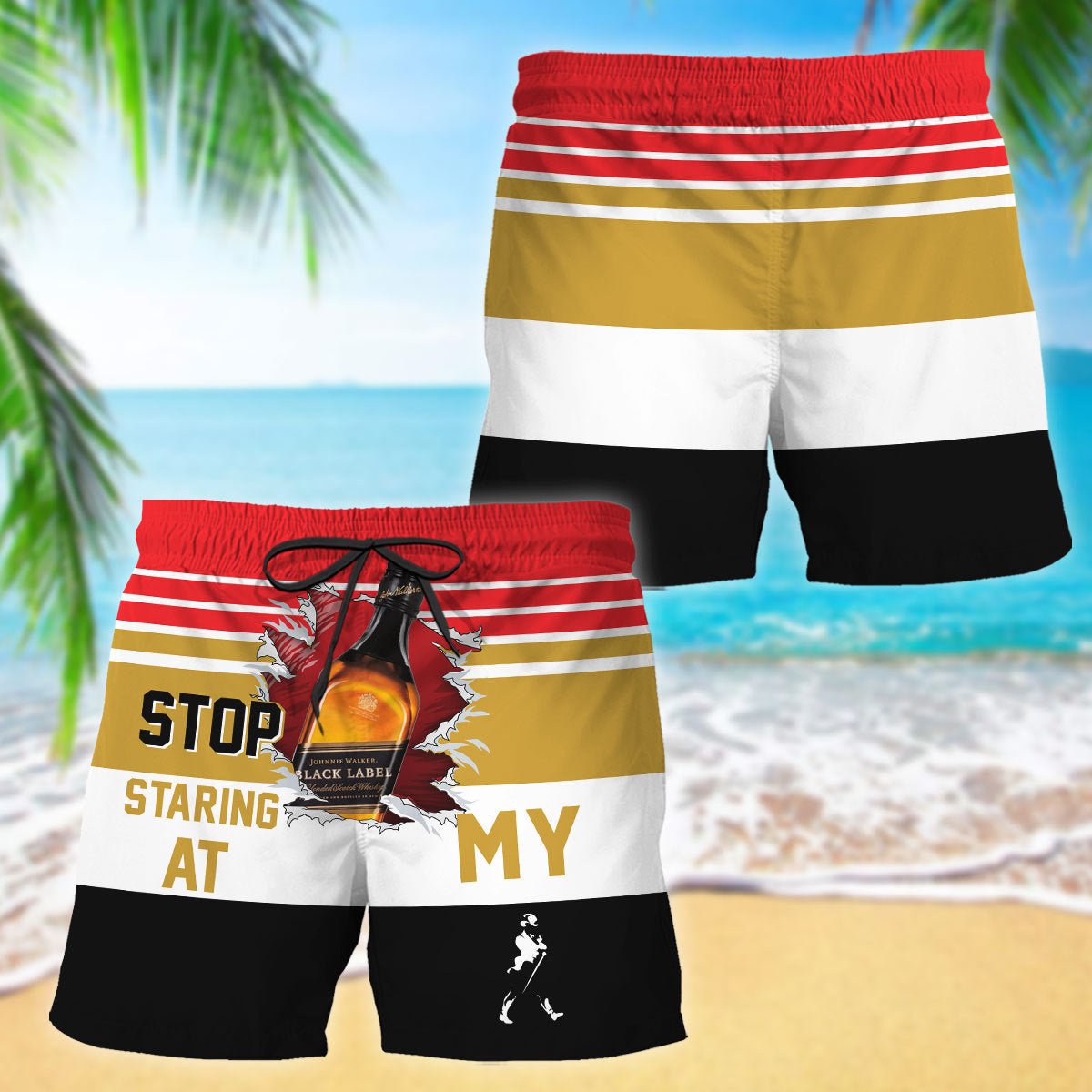 Johnnie Walker Stop Staring At Horizontal Striped Swim Trunks - VinoVogue.com