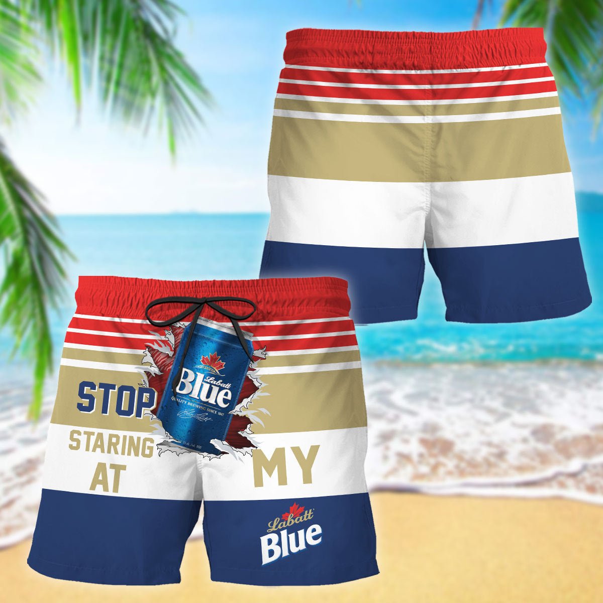 Labatt Blue Stop Staring At Horizontal Striped Swim Trunks - VinoVogue.com