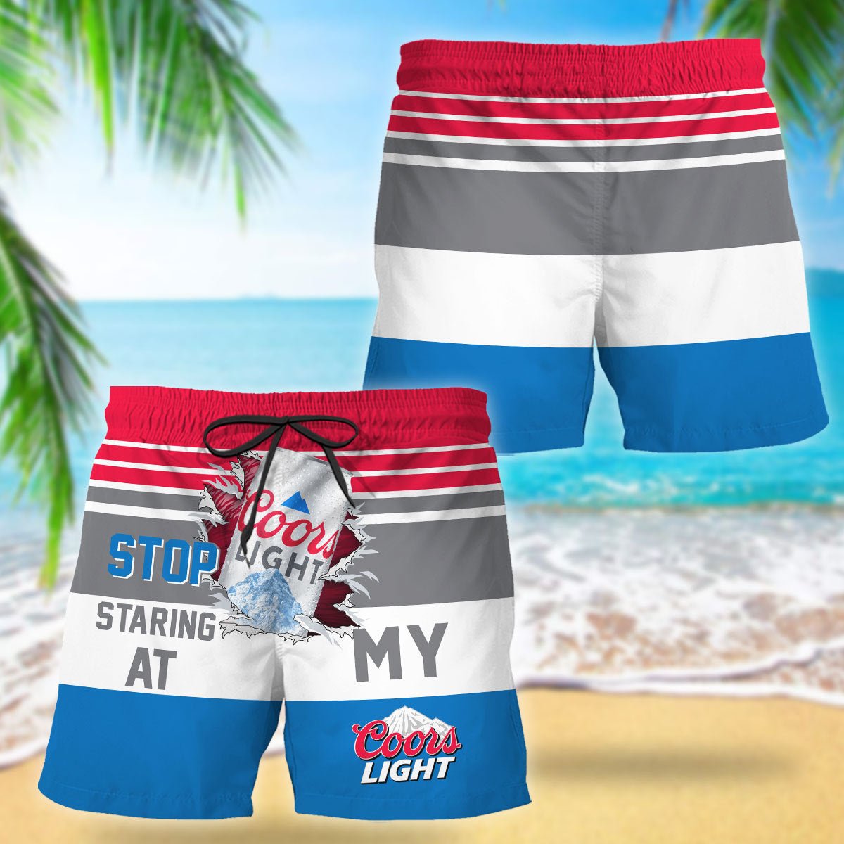 Coors Light Stop Staring At Horizontal Striped Swim Trunks - VinoVogue.com