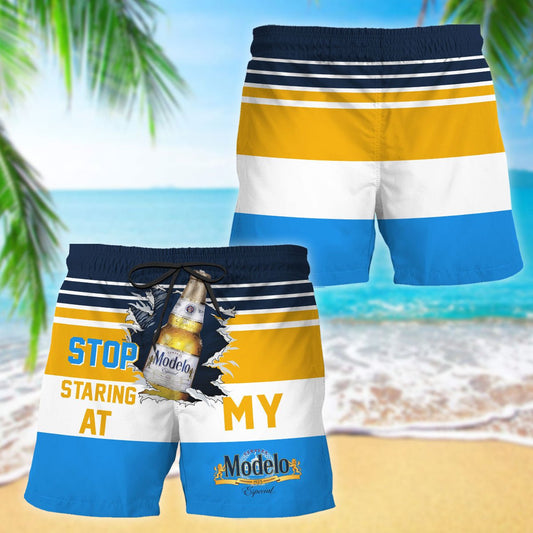 Modelo Stop Staring At Horizontal Striped Swim Trunks - VinoVogue.com