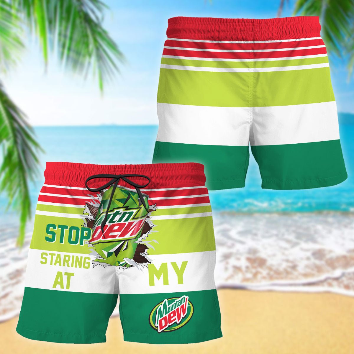 Mountain Dew Stop Staring At Horizontal Striped Swim Trunks - VinoVogue.com