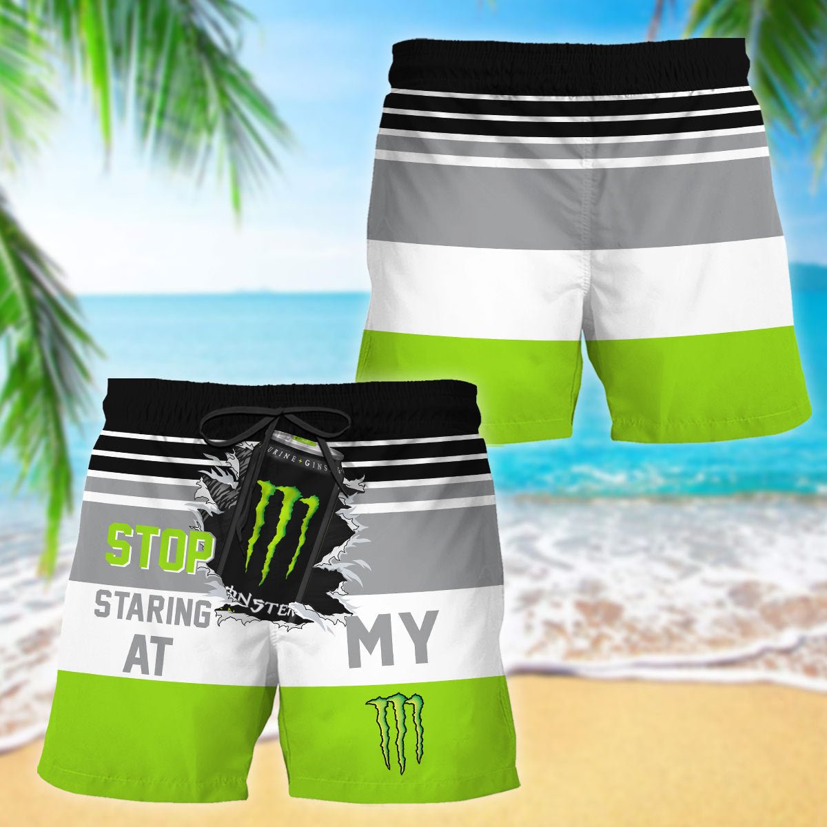 Monster Stop Staring At Horizontal Striped Swim Trunks - VinoVogue.com