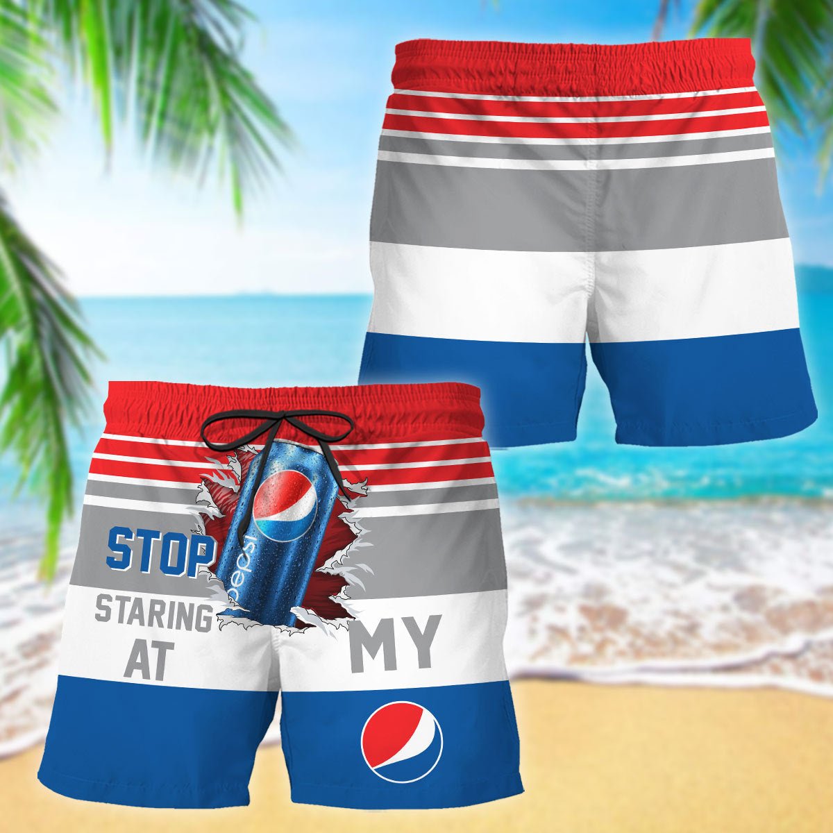 Pepsi Stop Staring At Horizontal Striped Swim Trunks - VinoVogue.com