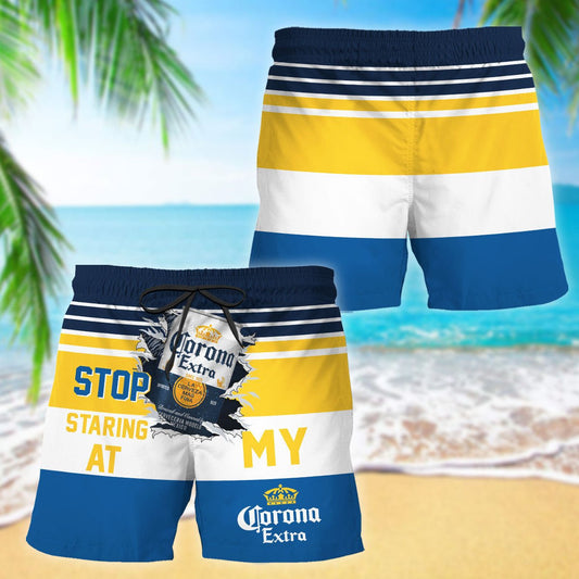 Corona Extra Stop Staring At Horizontal Striped Swim Trunks - VinoVogue.com