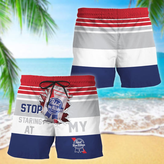 Pabst Blue Ribbon Stop Staring At Horizontal Striped Swim Trunks - VinoVogue.com