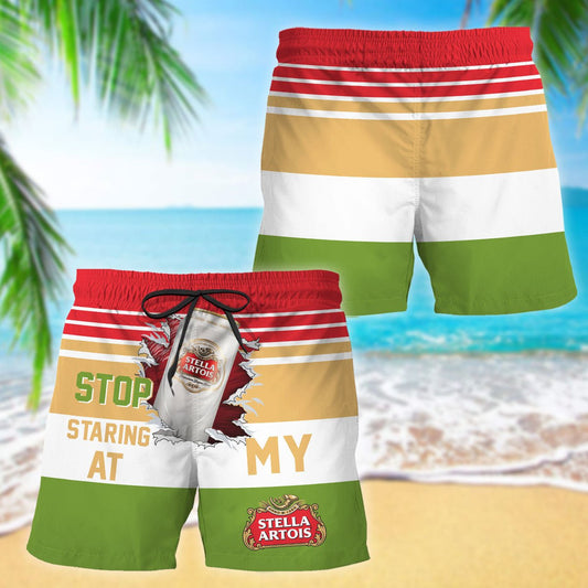 Stella Artois Stop Staring At Horizontal Striped Swim Trunks - VinoVogue.com