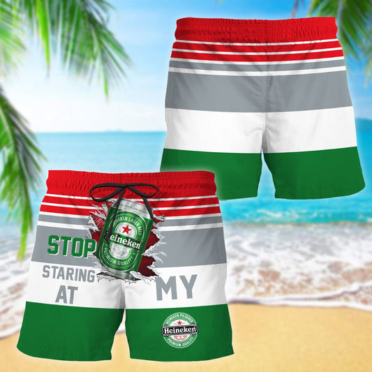 Heineken Stop Staring At Horizontal Striped Swim Trunks - VinoVogue.com