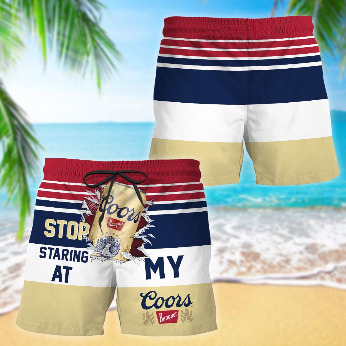 Coors Banquet Stop Staring At Horizontal Striped Swim Trunks - VinoVogue.com