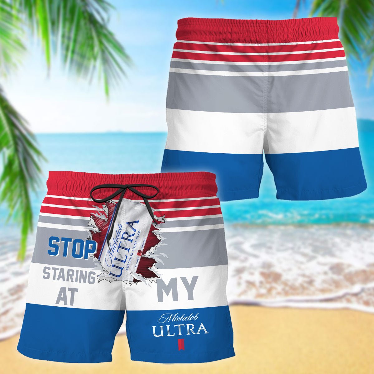 Michelob Ultra Stop Staring At Horizontal Striped Swim Trunks - VinoVogue.com