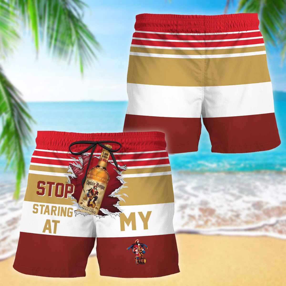 Captain Morgan Stop Staring At Horizontal Striped Swim Trunks - VinoVogue.com