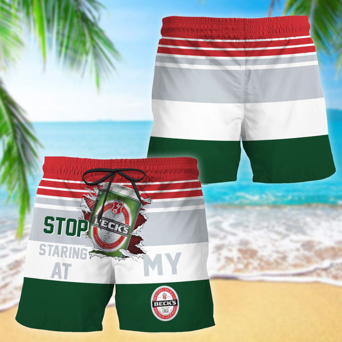 Beck's Stop Staring At Horizontal Striped Swim Trunks - VinoVogue.com