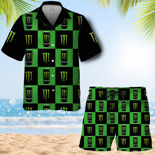 Monster Gingham Hawaiian Shirt And Shorts Set - VinoVogue.com