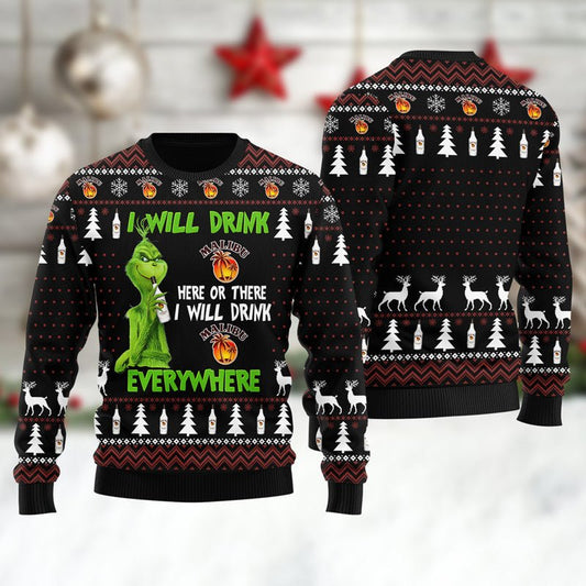 Malibu Grinch Will Drink Everywhere Ugly Sweater - VinoVogue.com