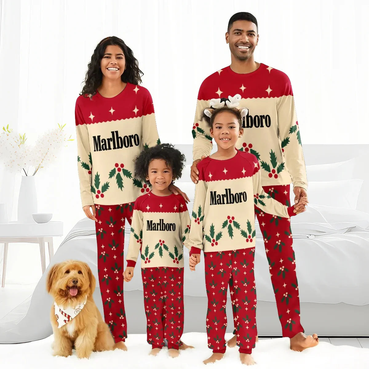 Smiling family and dog in red and beige Marlboro Christmas cherry matching holiday pajamas