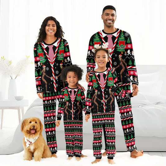 Smiling family in matching Marlboro Christmas Bigfoot family pajamas with black, red, green patterns