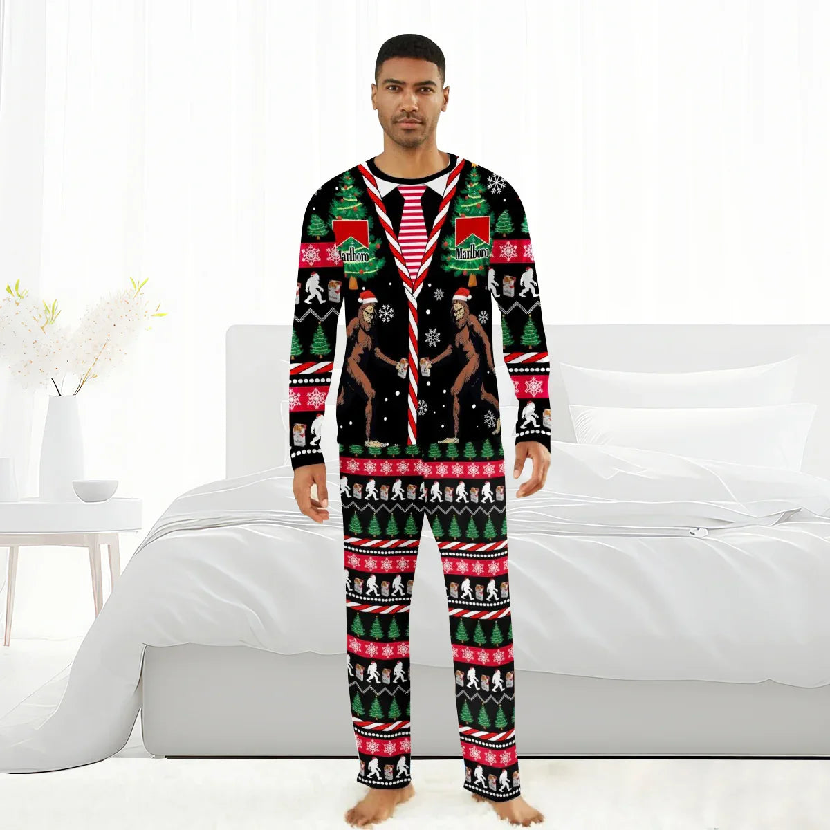 Man wearing Marlboro Christmas Bigfoot family pajama set with holiday trees and snowflakes