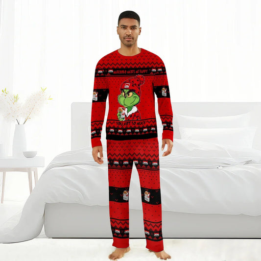 Man wearing red Marlboro Grinch Christmas pajamas set in a bright bedroom