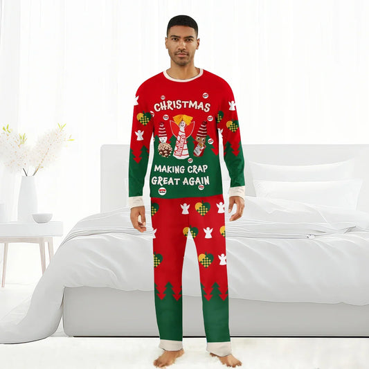 Man wearing red and green Christmas pajamas with Marlboro and holiday designs, standing barefoot in a bright bedroom
