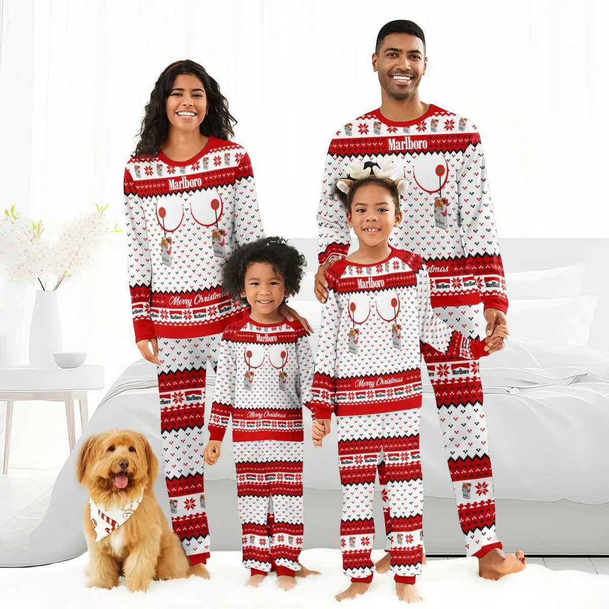 Smiling family wearing matching red and white Christmas Marlboro pajamas with festive patterns, pet dog included
